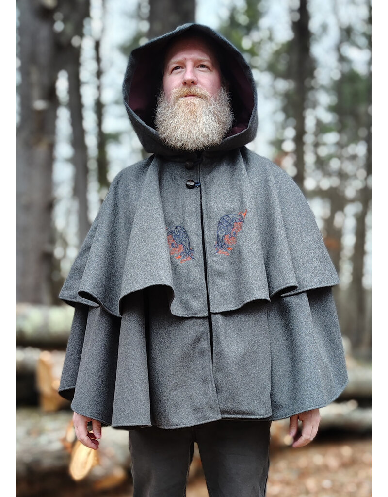 Cloakmakers.com 5906-Grey Double Layer Wool Blend Cloak w/ Raven Embroidery & Maroon Hood Lining & Pockets