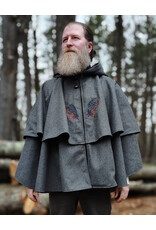 Cloakmakers.com 5906-Grey Double Layer Wool Blend Cloak w/ Raven Embroidery & Maroon Hood Lining & Pockets