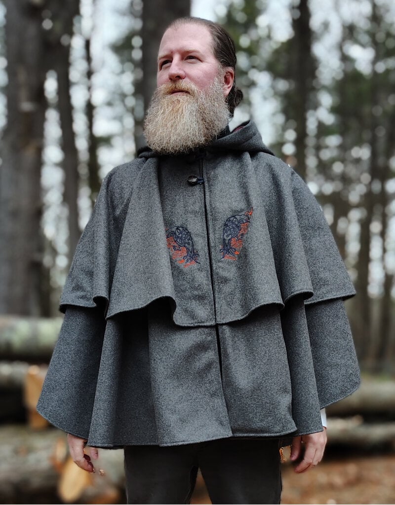 Cloakmakers.com 5906-Grey Double Layer Wool Blend Cloak w/ Raven Embroidery & Maroon Hood Lining & Pockets
