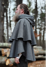 Cloakmakers.com 5906-Grey Double Layer Wool Blend Cloak w/ Raven Embroidery & Maroon Hood Lining & Pockets