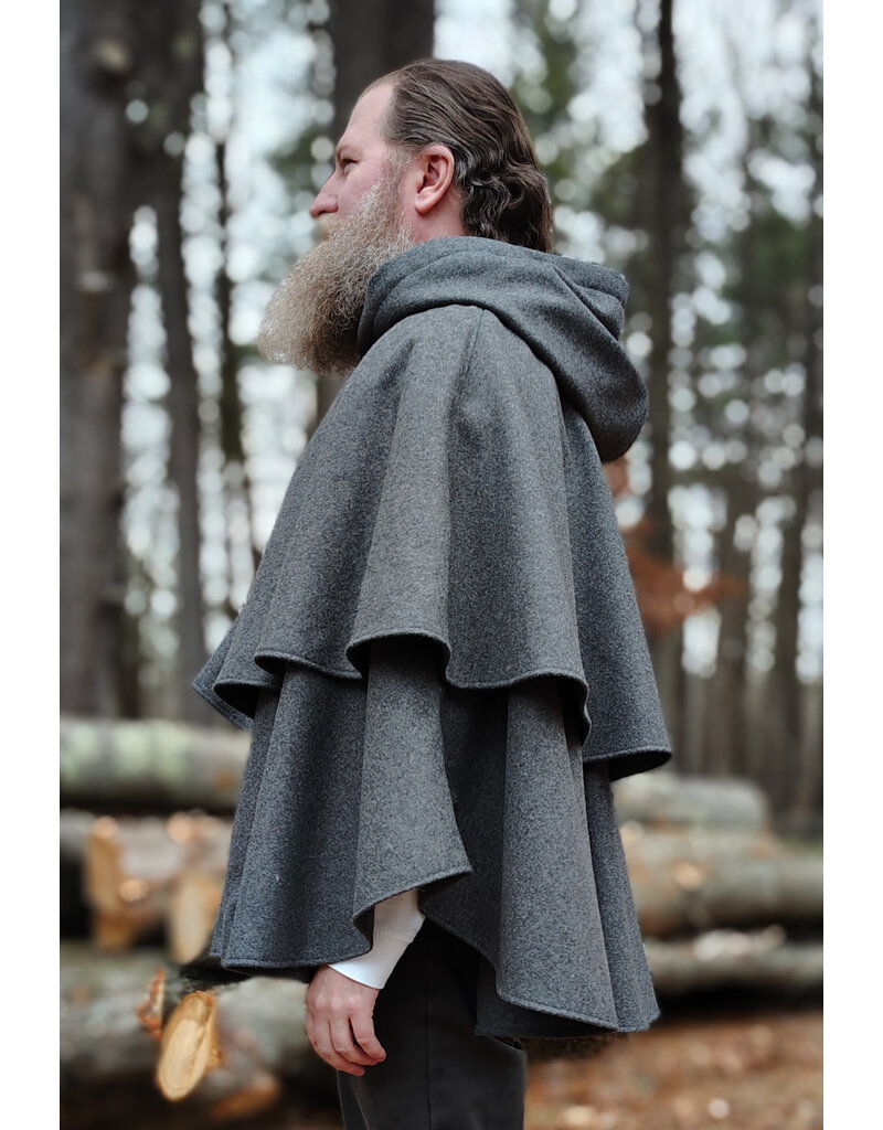 Cloakmakers.com 5906-Grey Double Layer Wool Blend Cloak w/ Raven Embroidery & Maroon Hood Lining & Pockets