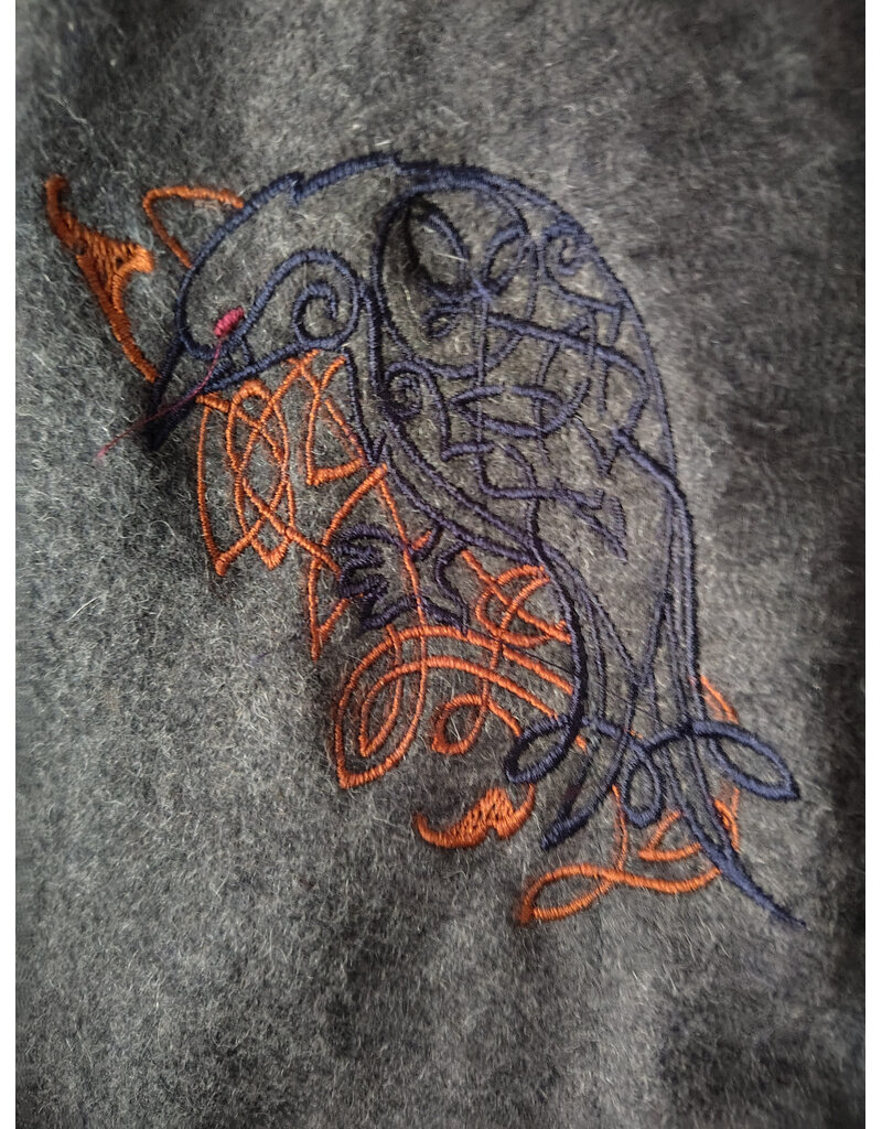 Cloakmakers.com 5906-Grey Double Layer Wool Blend Cloak w/ Raven Embroidery & Maroon Hood Lining & Pockets