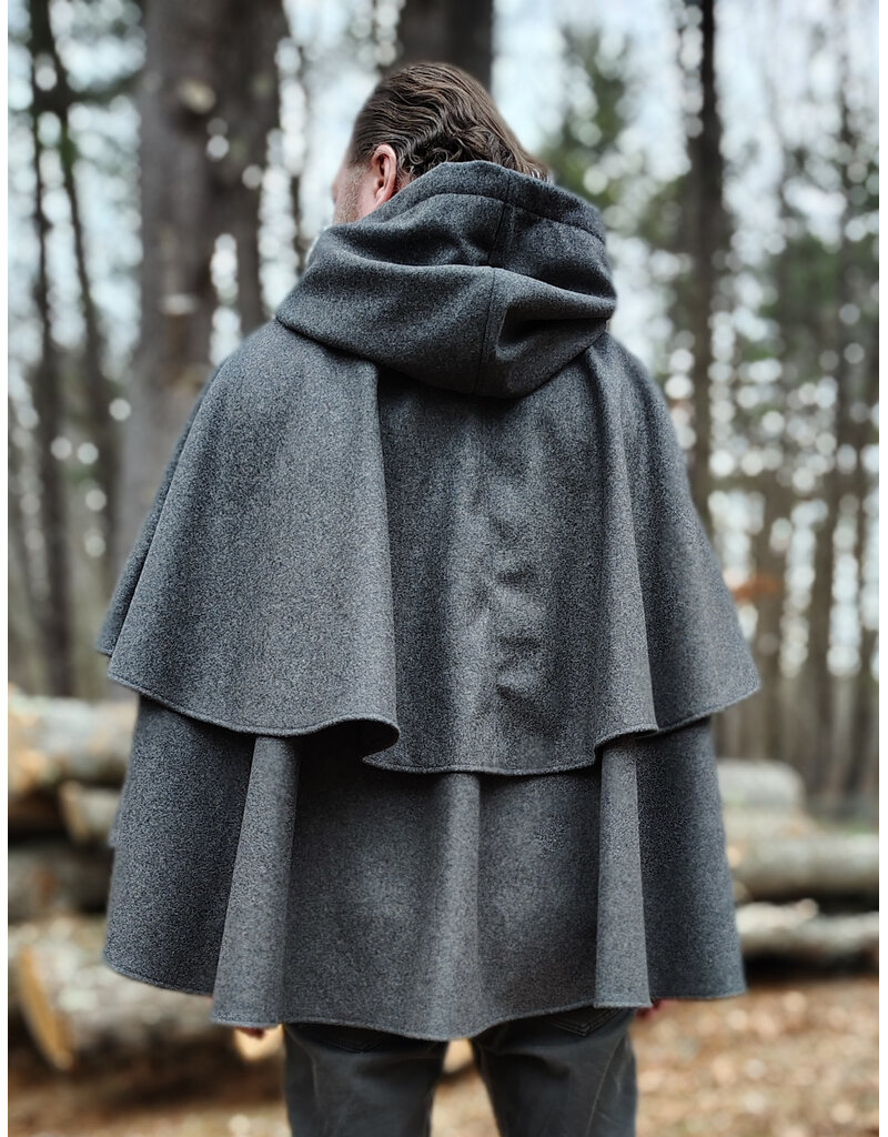Cloakmakers.com 5906-Grey Double Layer Wool Blend Cloak w/ Raven Embroidery & Maroon Hood Lining & Pockets