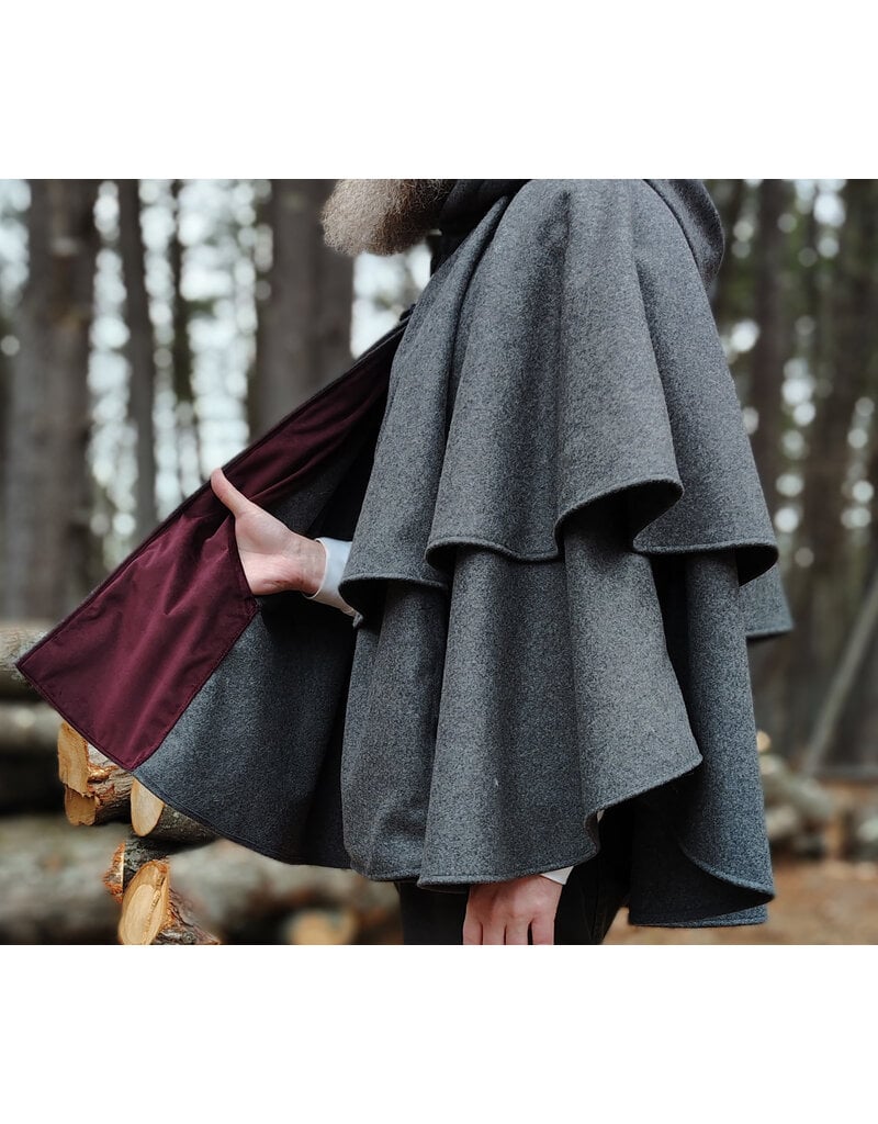 Cloakmakers.com 5906-Grey Double Layer Wool Blend Cloak w/ Raven Embroidery & Maroon Hood Lining & Pockets