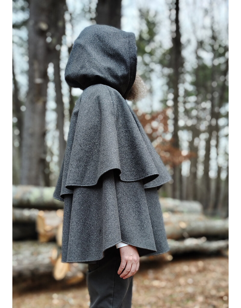 Cloakmakers.com 5906-Grey Double Layer Wool Blend Cloak w/ Raven Embroidery & Maroon Hood Lining & Pockets