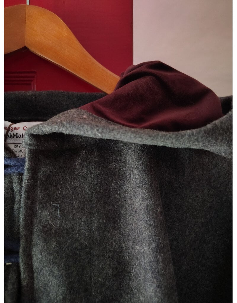 Cloakmakers.com 5906-Grey Double Layer Wool Blend Cloak w/ Raven Embroidery & Maroon Hood Lining & Pockets