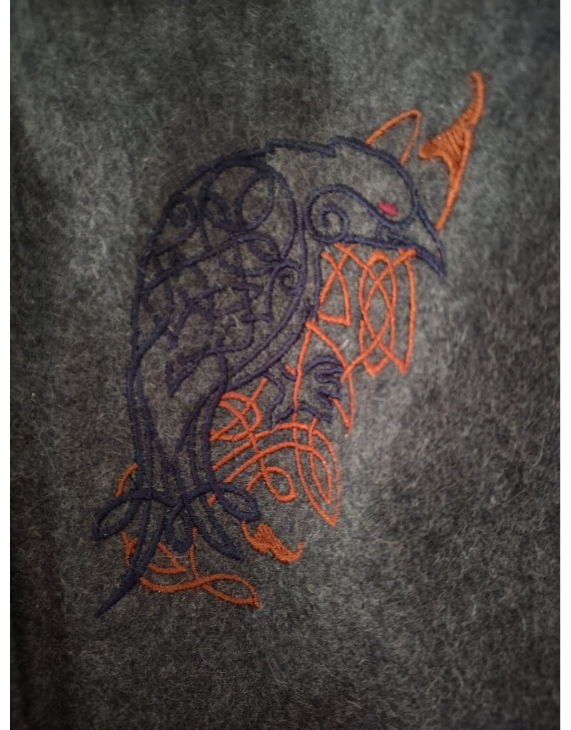 Cloakmakers.com 5906-Grey Double Layer Wool Blend Cloak w/ Raven Embroidery & Maroon Hood Lining & Pockets