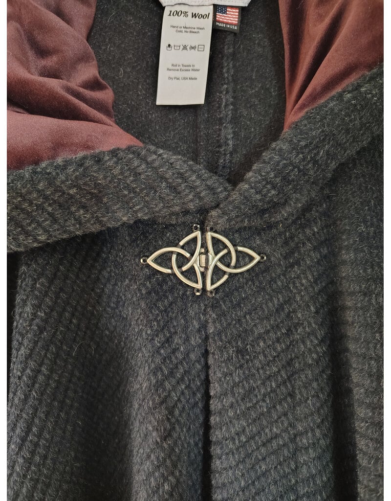 Cloakmakers.com 5908-Washable Dark Grey Cashmere Wool Twill Cloak w/ Dark Maroon Hood Lining & Triquetra Clasp