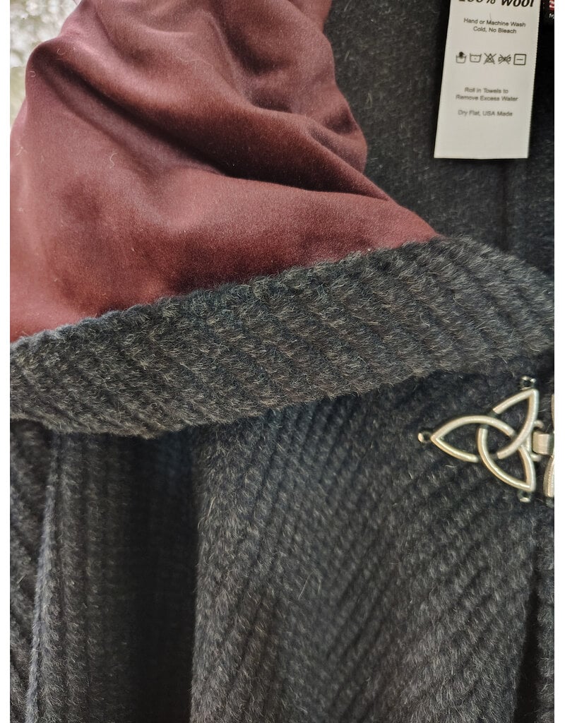 Cloakmakers.com 5908-Washable Dark Grey Cashmere Wool Twill Cloak w/ Dark Maroon Hood Lining & Triquetra Clasp