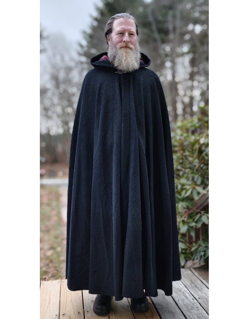 Cloakmakers.com 5908-Washable Dark Grey Cashmere Wool Twill Cloak w/ Dark Maroon Hood Lining & Triquetra Clasp