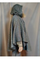 Cloakmakers.com 5909-Green & Silver Basket Weave Twill Ruana Cloak w/ Gothic Rose Clasp & Black Velvet Hood Lining