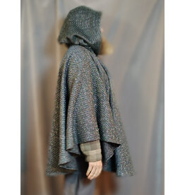 Cloakmakers.com 5909-Green & Silver Basket Weave Twill Ruana Cloak w/ Gothic Rose Clasp & Black Velvet Hood Lining