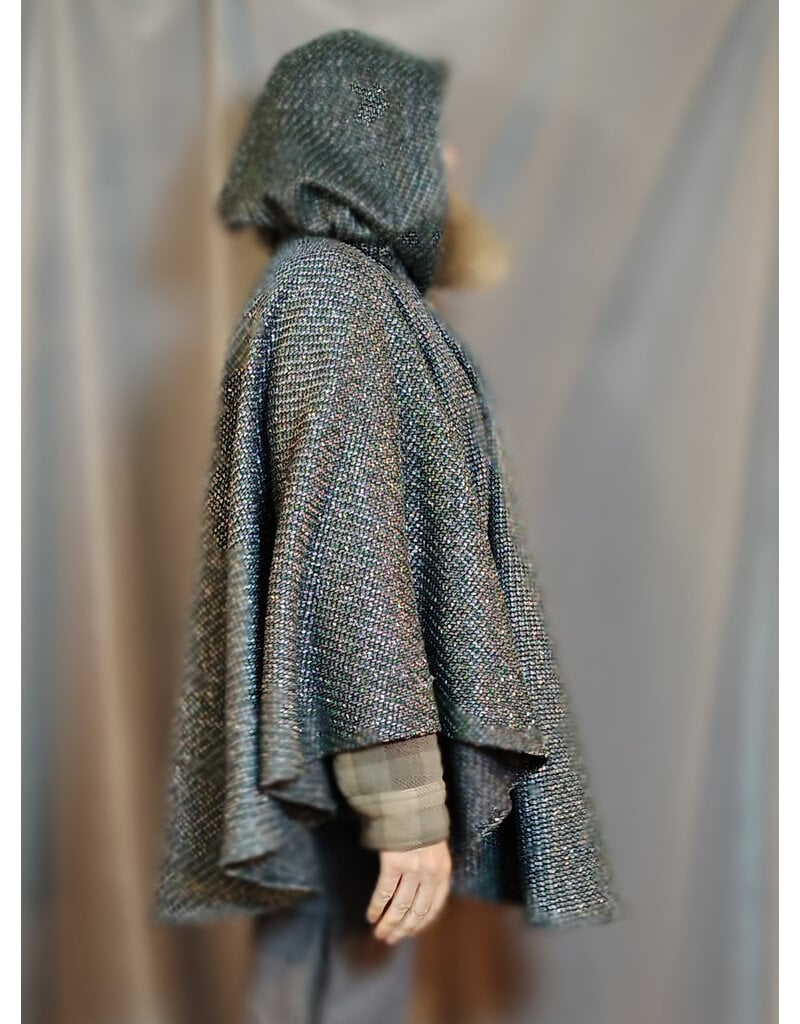 Cloakmakers.com 5909-Green & Silver Basket Weave Twill Ruana Cloak w/ Gothic Rose Clasp & Black Velvet Hood Lining