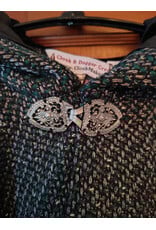 Cloakmakers.com 5909-Green & Silver Basket Weave Twill Ruana Cloak w/ Gothic Rose Clasp & Black Velvet Hood Lining