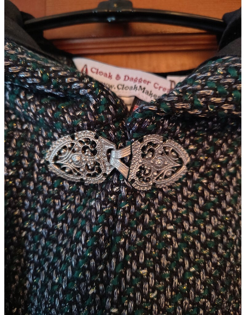 Cloakmakers.com 5909-Green & Silver Basket Weave Twill Ruana Cloak w/ Gothic Rose Clasp & Black Velvet Hood Lining