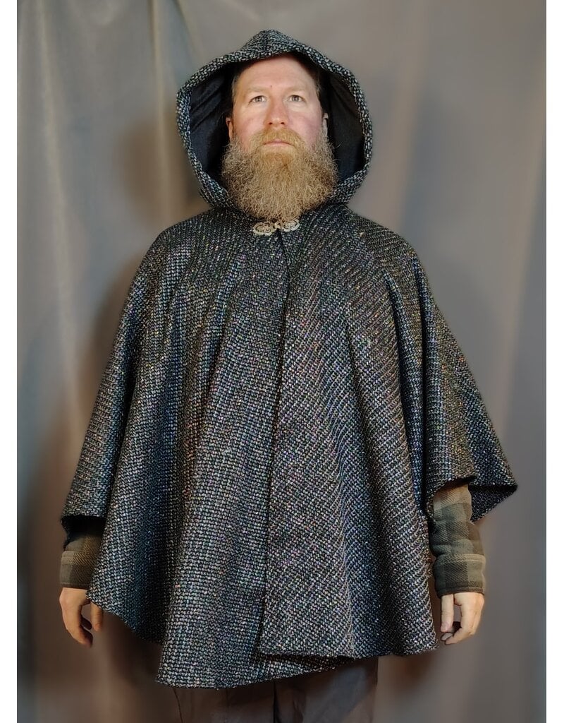 Cloakmakers.com 5909-Green & Silver Basket Weave Twill Ruana Cloak w/ Gothic Rose Clasp & Black Velvet Hood Lining