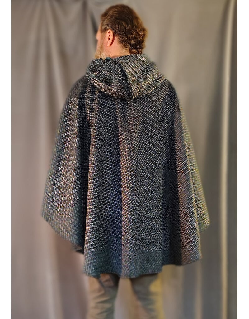 Cloakmakers.com 5909-Green & Silver Basket Weave Twill Ruana Cloak w/ Gothic Rose Clasp & Black Velvet Hood Lining