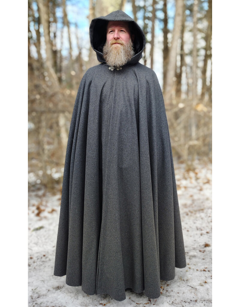 Cloakmakers.com 5912-Heathered Grey Wool Blend Cloak w/ Black Velvet Hood Lining & Triple Medallion Clasp