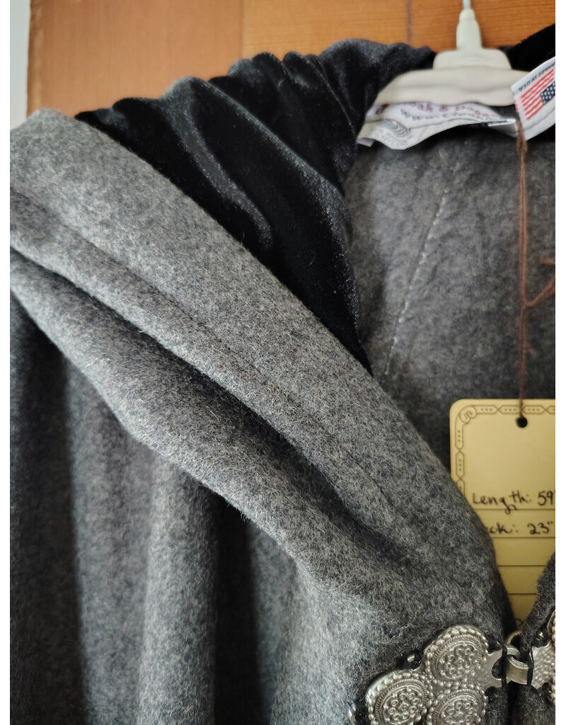 Cloakmakers.com 5912-Heathered Grey Wool Blend Cloak w/ Black Velvet Hood Lining & Triple Medallion Clasp