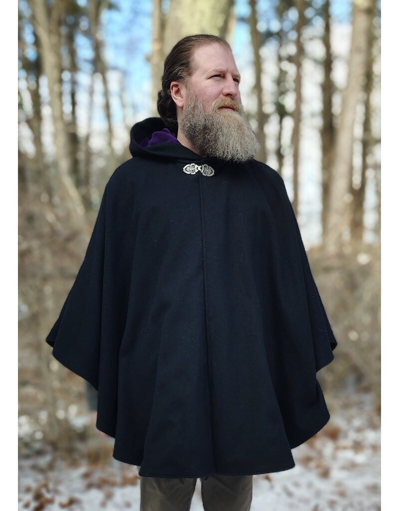 Cloakmakers.com 5913-Washable Black Wool Cloak w/ Purple Velveteen Hood Lining & Pockets and Gothic Rose Clasp