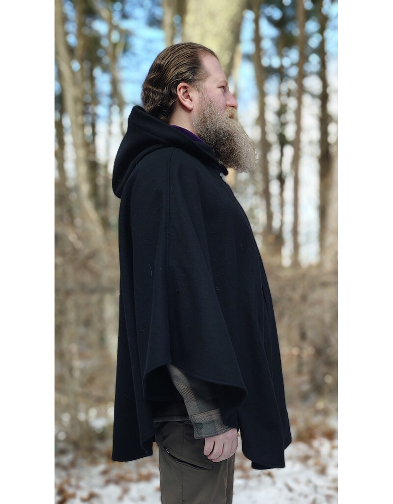 Cloakmakers.com 5913-Washable Black Wool Cloak w/ Purple Velveteen Hood Lining & Pockets and Gothic Rose Clasp