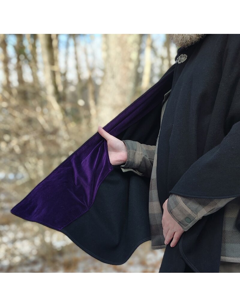 Cloakmakers.com 5913-Washable Black Wool Cloak w/ Purple Velveteen Hood Lining & Pockets and Gothic Rose Clasp