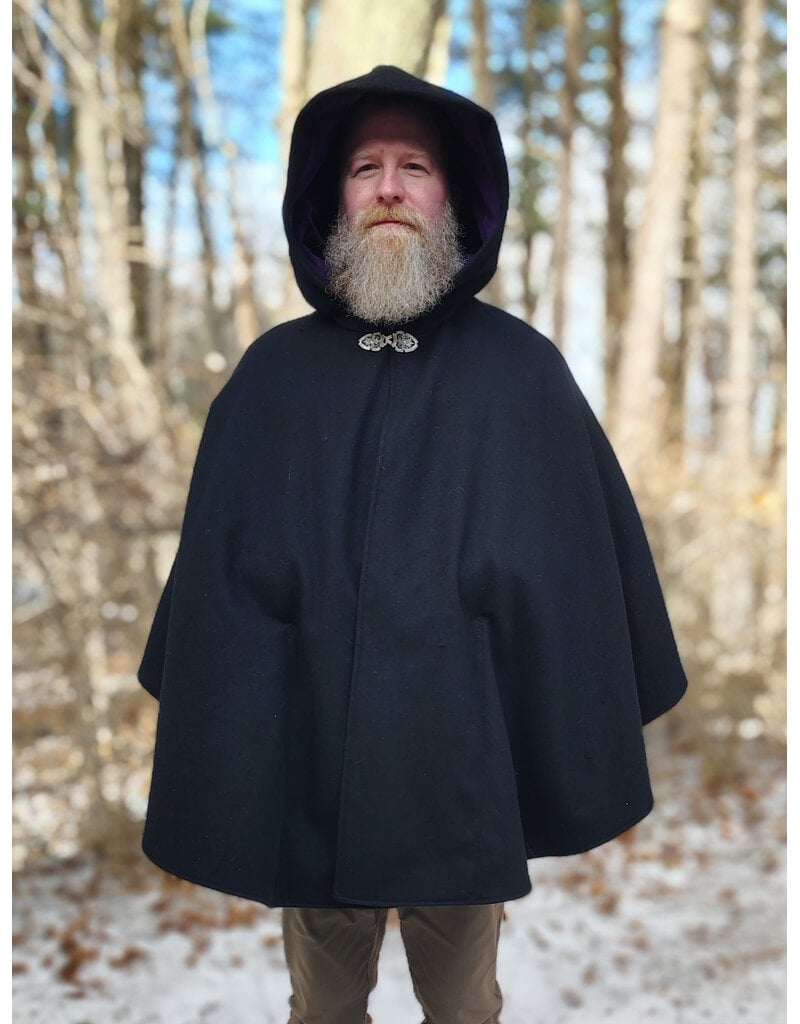 Cloakmakers.com 5913-Washable Black Wool Blend Cloak w/ Purple Velveteen Hood Lining & Pockets and Gothic Rose Clasp
