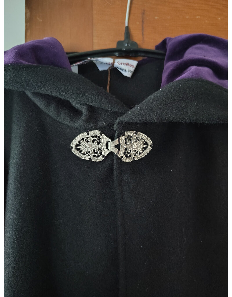 Cloakmakers.com 5913-Washable Black Wool Cloak w/ Purple Velveteen Hood Lining & Pockets and Gothic Rose Clasp