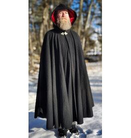 Cloakmakers.com 5916-Washable Black Wool Cloak w/ Red Velvet Hood Lining & Triple Medallion Clasp