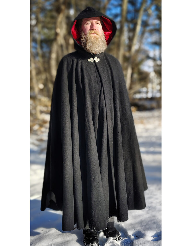 Cloakmakers.com 5916-Washable Black Wool Blend Cloak w/ Red Velvet Hood Lining & Triple Medallion Clasp