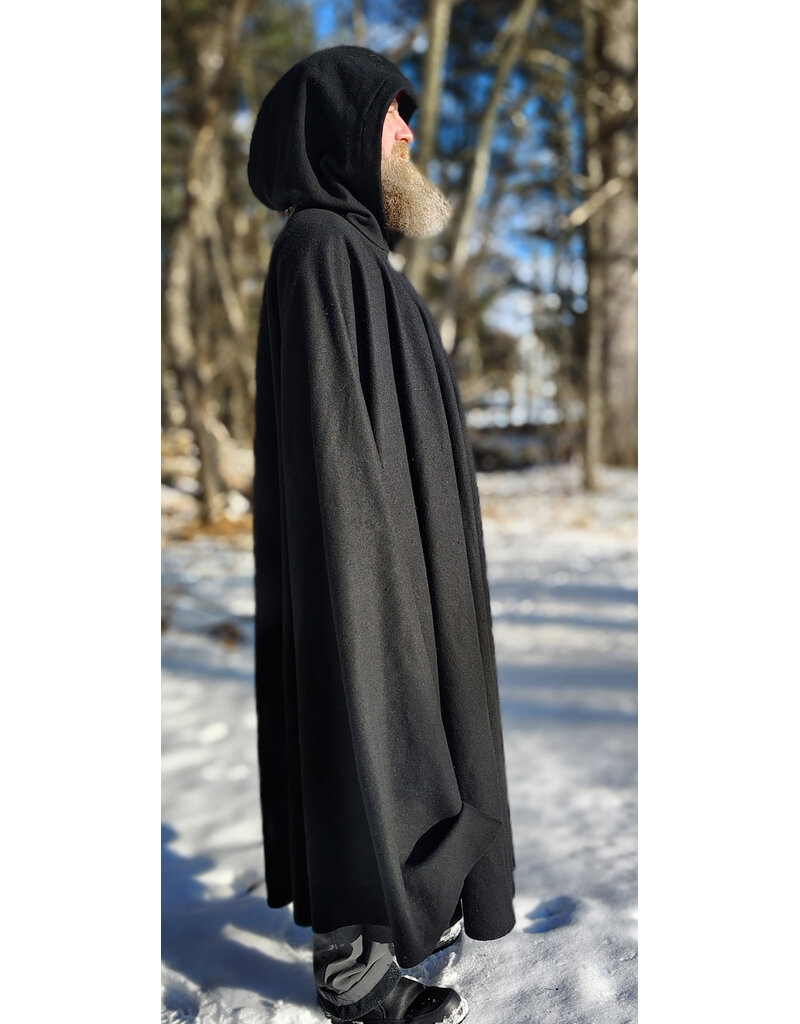 Cloakmakers.com 5916-Washable Black Wool Cloak w/ Red Velvet Hood Lining & Triple Medallion Clasp