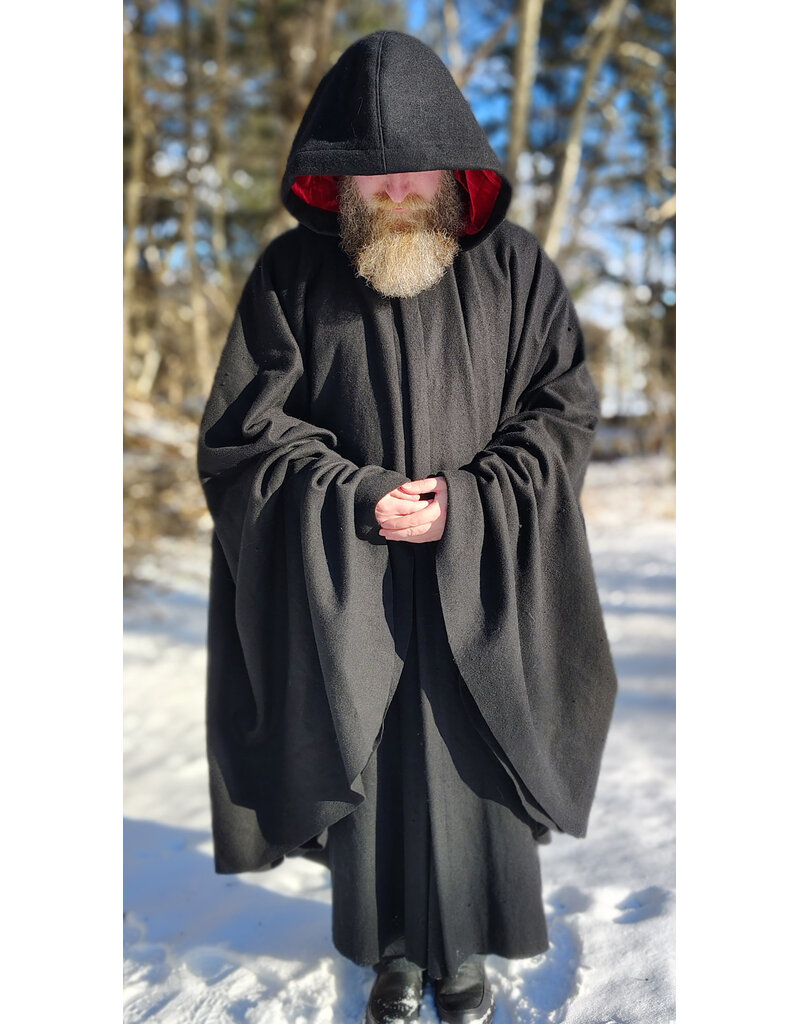 Cloakmakers.com 5916-Washable Black Wool Cloak w/ Red Velvet Hood Lining & Triple Medallion Clasp