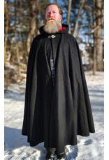 Cloakmakers.com 5916-Washable Black Wool Cloak w/ Red Velvet Hood Lining & Triple Medallion Clasp