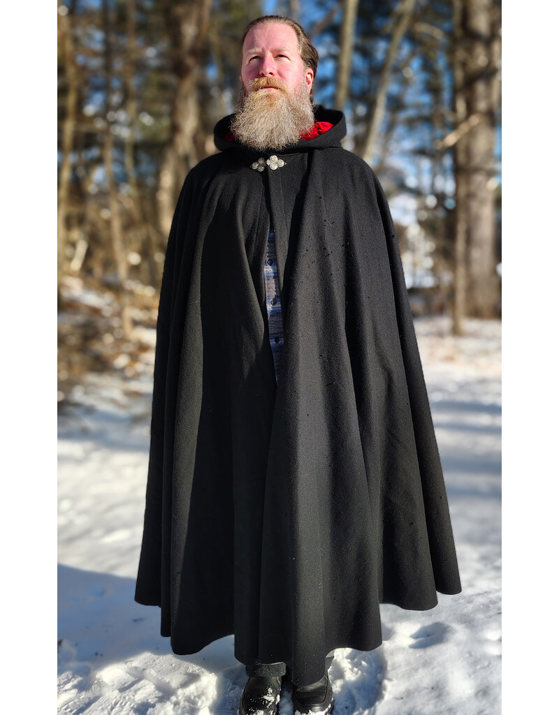 Cloakmakers.com 5916-Washable Black Wool Cloak w/ Red Velvet Hood Lining & Triple Medallion Clasp