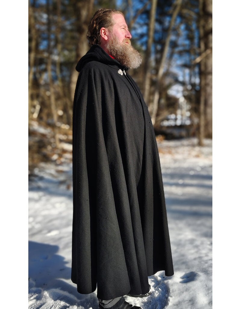 Cloakmakers.com 5916-Washable Black Wool Blend Cloak w/ Red Velvet Hood Lining & Triple Medallion Clasp