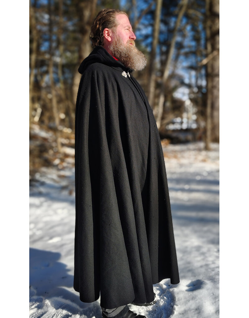 Cloakmakers.com 5916-Washable Black Wool Cloak w/ Red Velvet Hood Lining & Triple Medallion Clasp