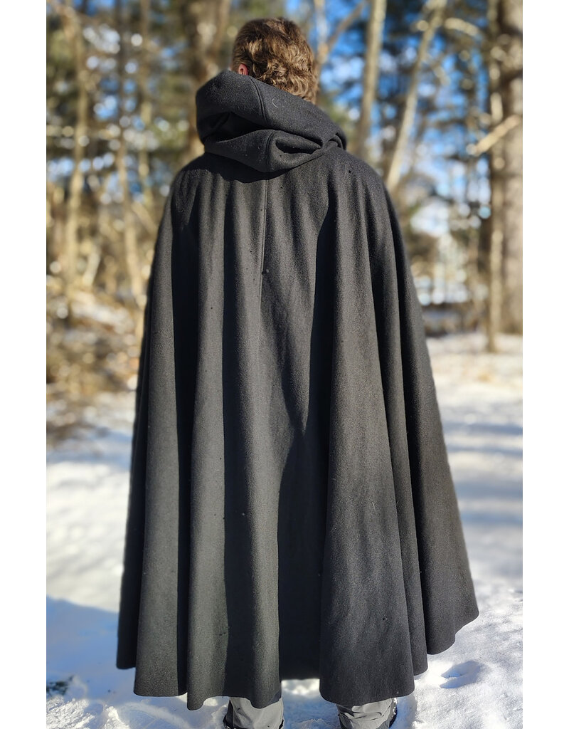 Cloakmakers.com 5916-Washable Black Wool Cloak w/ Red Velvet Hood Lining & Triple Medallion Clasp