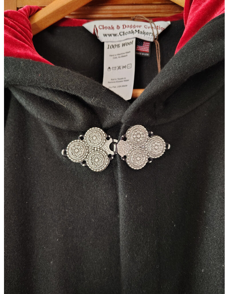 Cloakmakers.com 5916-Washable Black Wool Cloak w/ Red Velvet Hood Lining & Triple Medallion Clasp