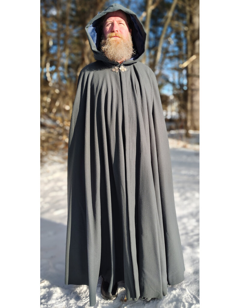 Cloakmakers.com 5917-Grey Wool Blend Cloak w/ Blue Velvet Hood Lining & Triple Medallion Clasp