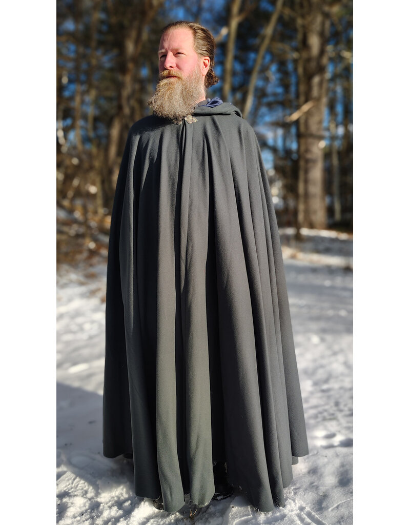 Cloakmakers.com 5917-Grey Wool Blend Cloak w/ Blue Velvet Hood Lining & Triple Medallion Clasp
