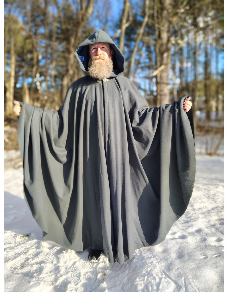 Cloakmakers.com 5917-Grey Wool Blend Cloak w/ Blue Velvet Hood Lining & Triple Medallion Clasp