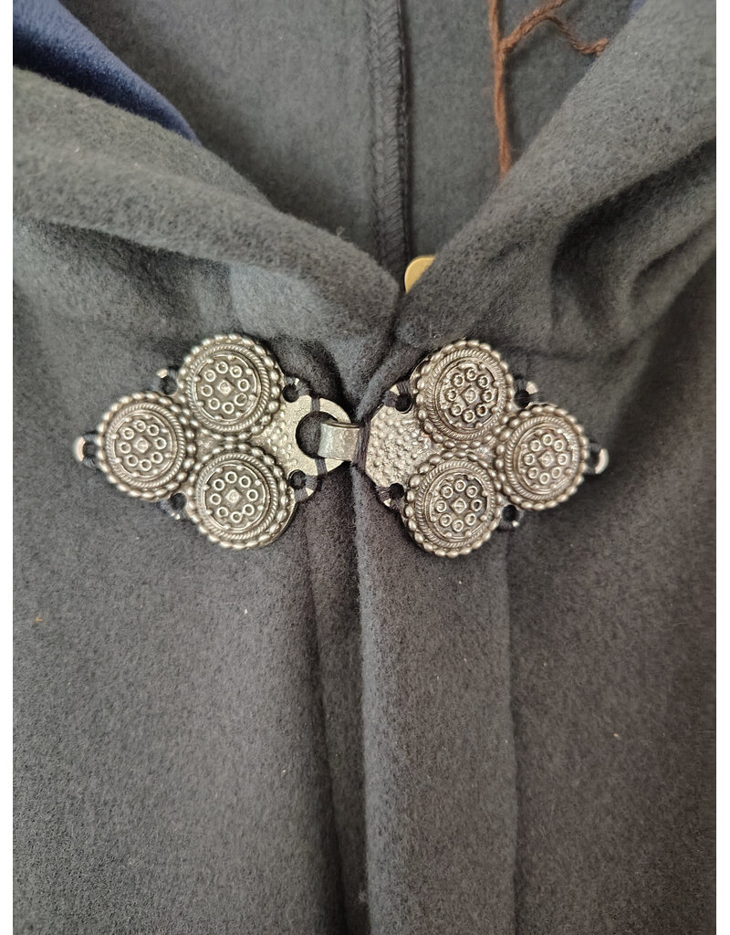 Cloakmakers.com 5917-Grey Wool Blend Cloak w/ Blue Velvet Hood Lining & Triple Medallion Clasp