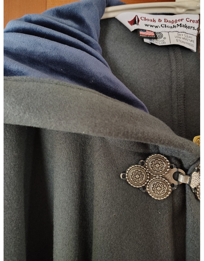Cloakmakers.com 5917-Grey Wool Blend Cloak w/ Blue Velvet Hood Lining & Triple Medallion Clasp
