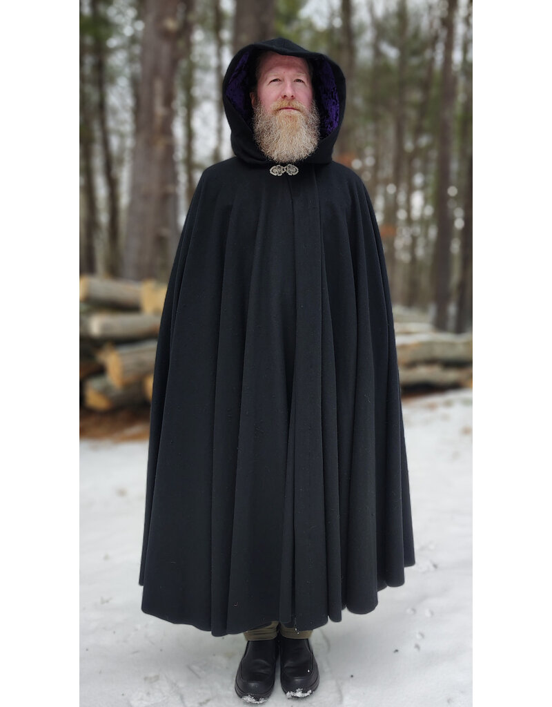 Cloakmakers.com 5919-Washable Black Wool Blend Cloak w/ Purple Velvet Hood Lining & Gothic Rose Clasp