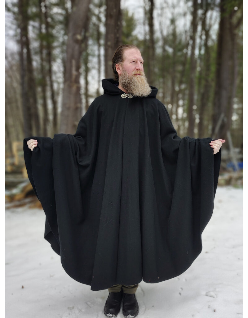 Cloakmakers.com 5919-Washable Black Wool Cloak w/ Purple Velvet Hood Lining & Gothic Rose Clasp