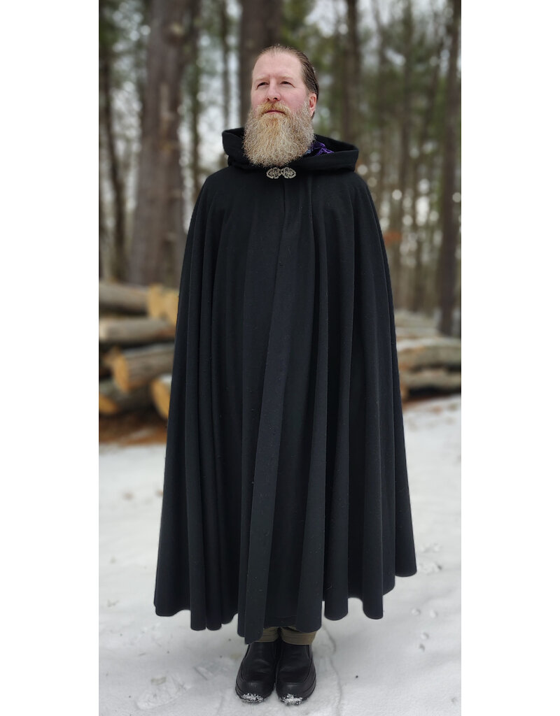 Cloakmakers.com 5919-Washable Black Wool Cloak w/ Purple Velvet Hood Lining & Gothic Rose Clasp