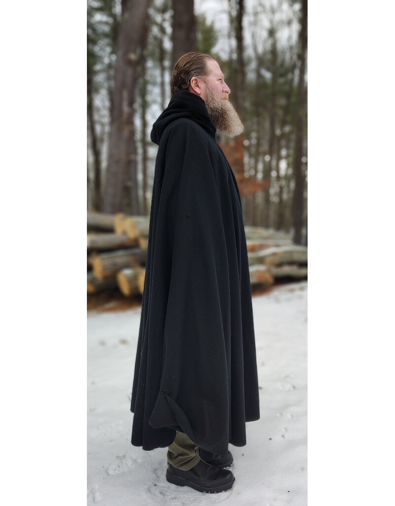 Cloakmakers.com 5919-Washable Black Wool Cloak w/ Purple Velvet Hood Lining & Gothic Rose Clasp