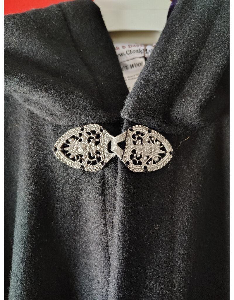 Cloakmakers.com 5919-Washable Black Wool Blend Cloak w/ Purple Velvet Hood Lining & Gothic Rose Clasp
