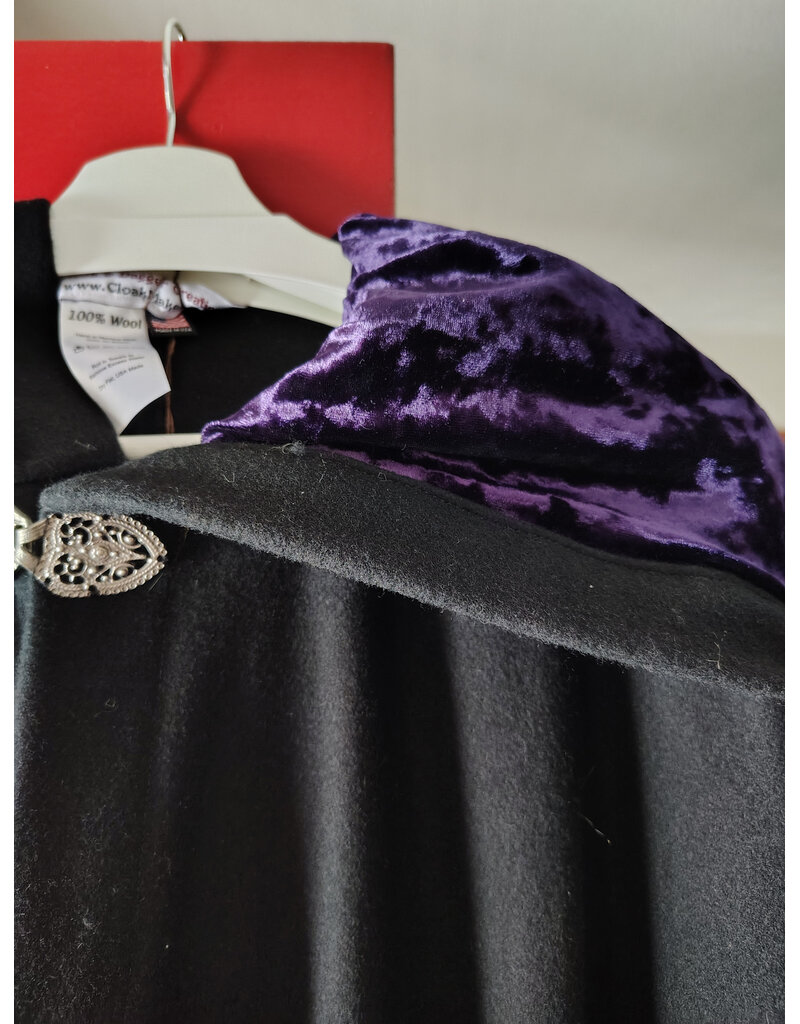 Cloakmakers.com 5919-Washable Black Wool Blend Cloak w/ Purple Velvet Hood Lining & Gothic Rose Clasp