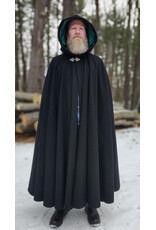 Cloakmakers.com 5920-Washable Black Wool Blend Cloak w/ Green Velvet Hood Lining & Triple Medallion Clasp